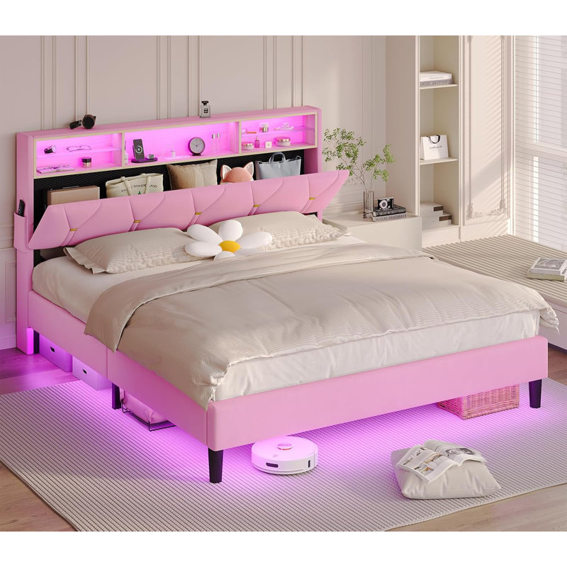 Lit plateforme en velours avec tête de lit et prise de courant, Grand, Rose