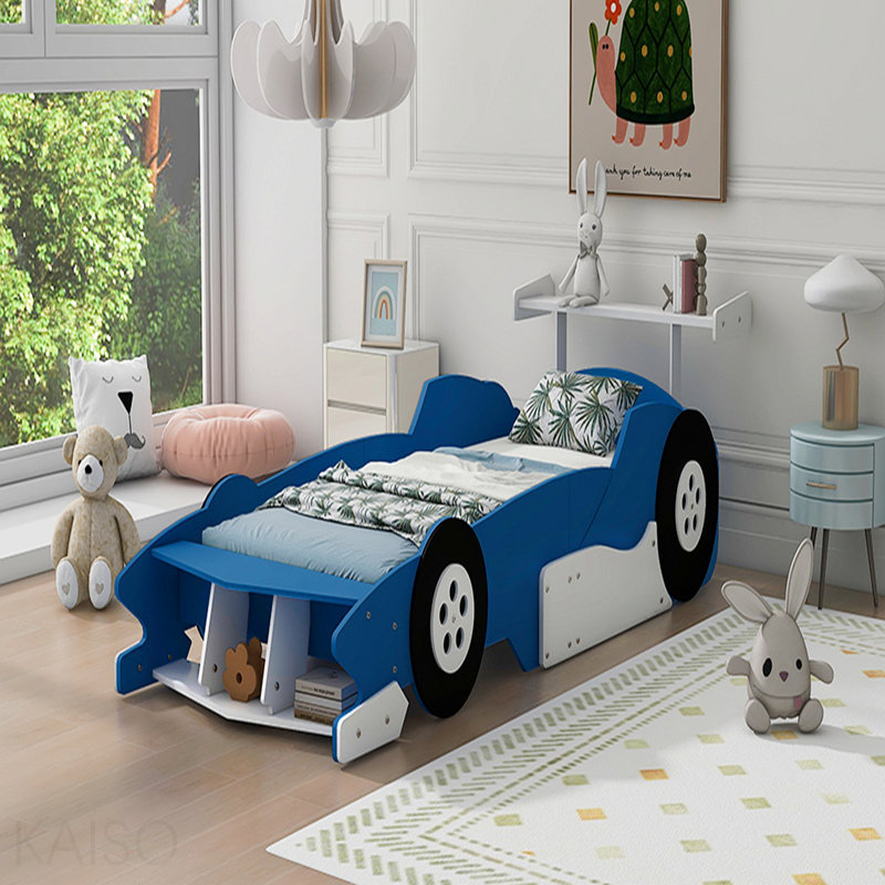 Lit plateforme simple en forme de voiture de course avec roues, bleu, Bleu