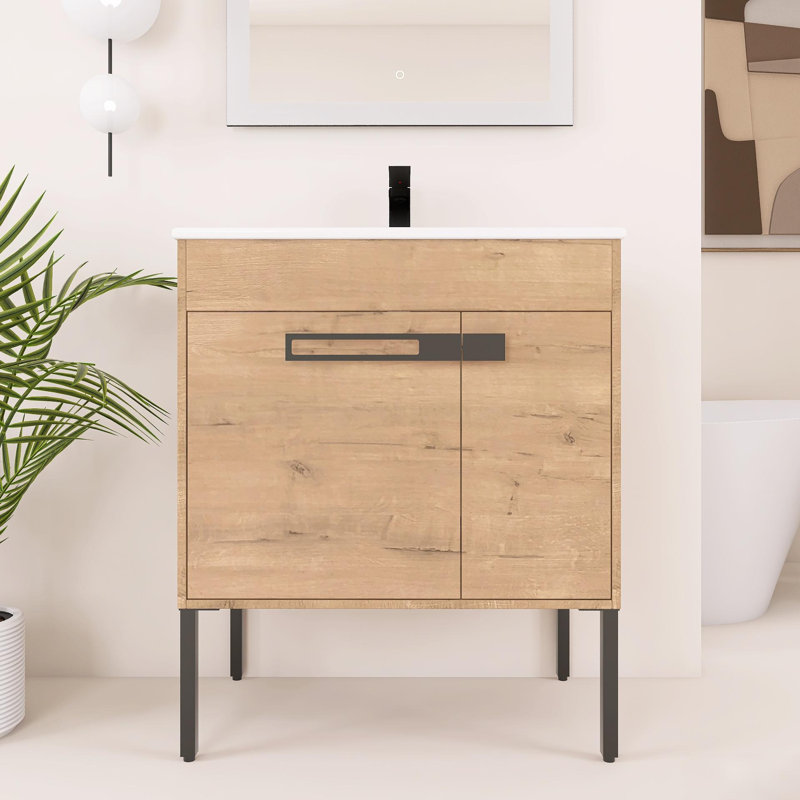 Trisity 30.03 " W Free Standing Wall Mounted 1 Single Vanity Bathroom Vanity With Ceramic Top, Brown