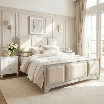 Queen Size Wooden Bed Frame With Upholstered Headboard, White Wood & Beige Fabric, Solid Wood Platform,  Modern Farmhouse Style