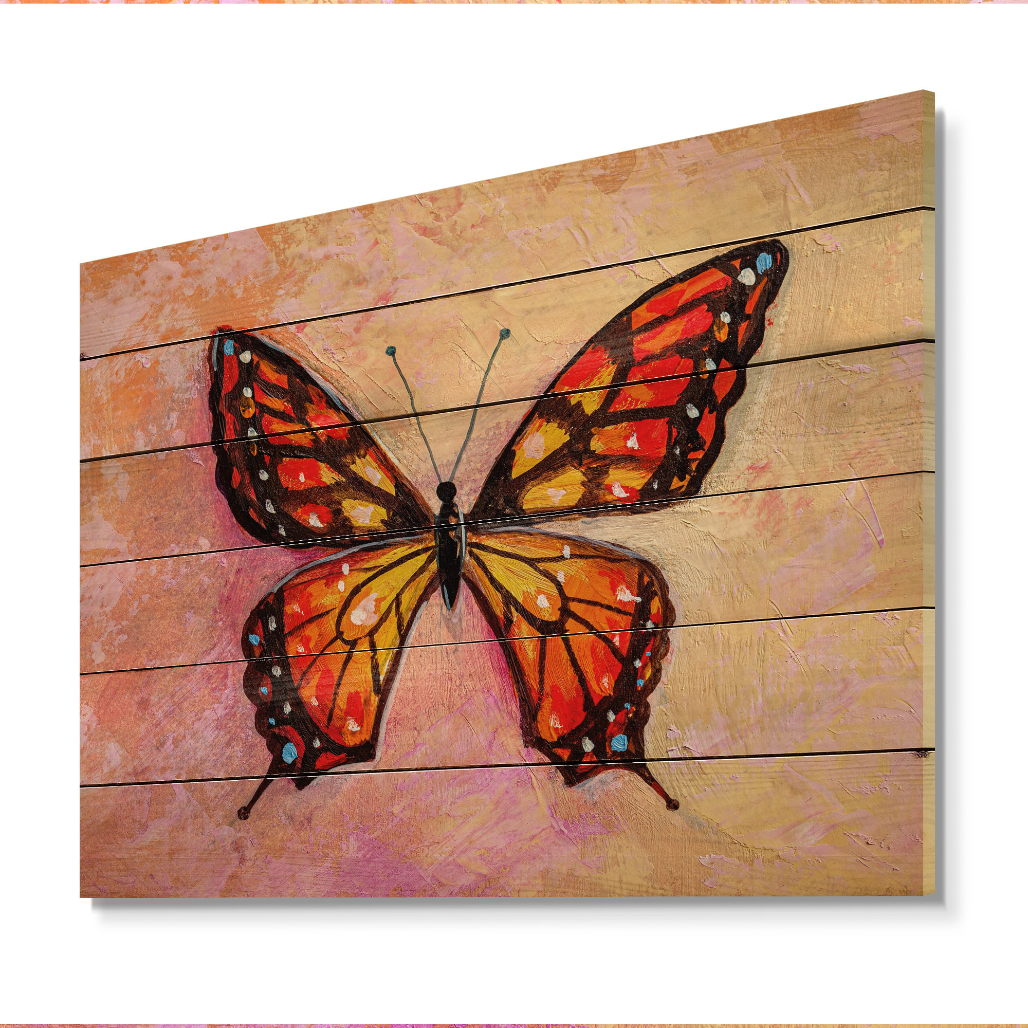 Designart 'Abstract Monarch Butterfly II' Traditional Wood Wall Art Panels - Natural Pine Wood - 20 in. Wide x 12 in. High