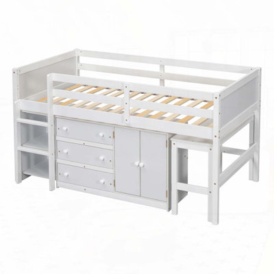 Lit avec bureau coulissant, tiroirs, armoire et tablettes