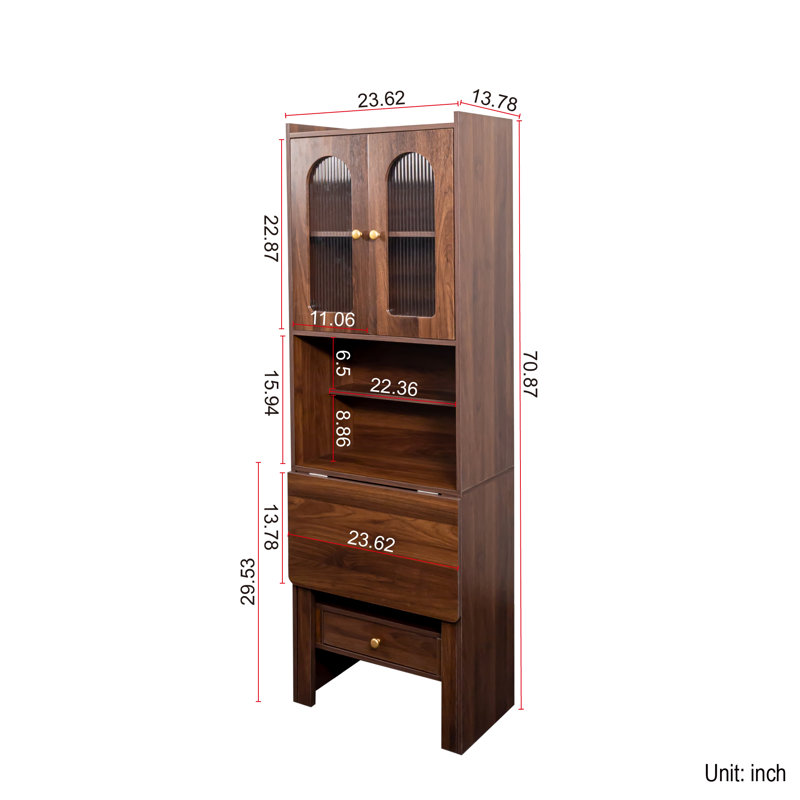 Vintage Bookshelf With Fold-Out Convertible Writing Table, Multi-Function Home Office Workstation, Desk Cabinet With Shelf And Drawer, Walnut
