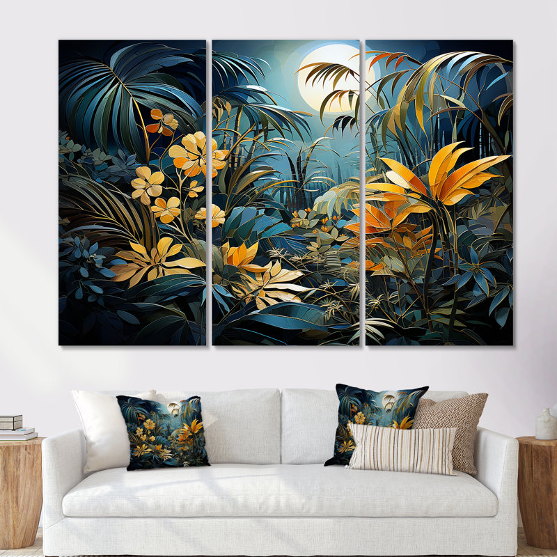 «Fantasy Jungle Plants Under Moonlight I», ensemble de reproduction d'art mural plantes, Toile tendue