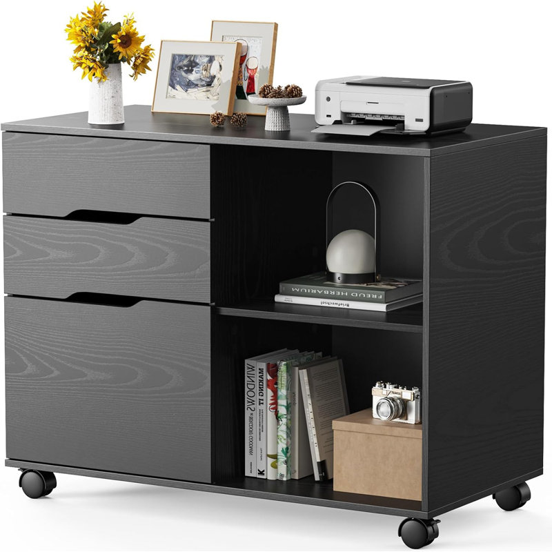 3-Drawer File Cabinet, Lateral Mobile Filing Cabinet, Black