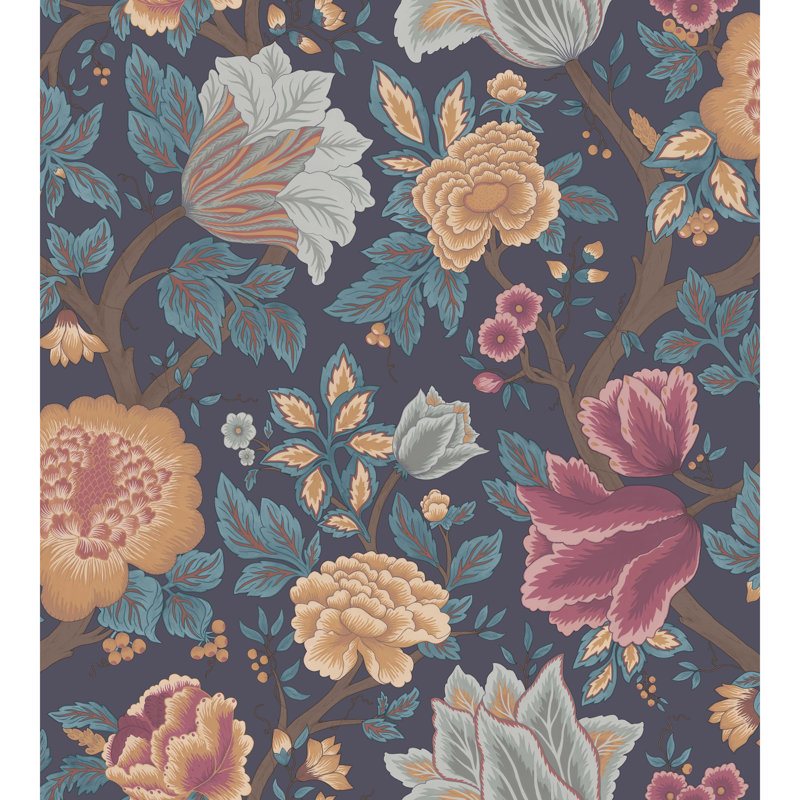 Floral Wallpaper Roll, Burnt Orange/Rose/Petrol