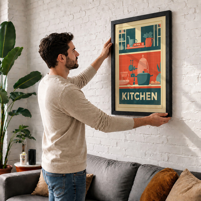 Kitchen Shelves Retro - Framed Print, Walnut, A1 - 84.1 x 59.4 cm