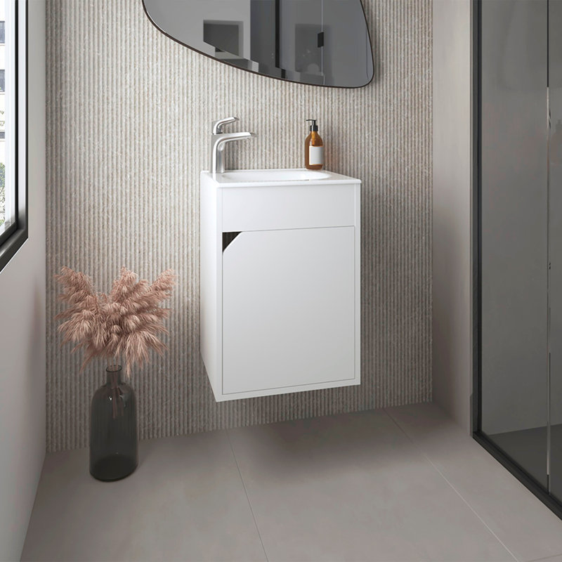 Meuble-lavabo flottant à une porte Bethel avec lavabo en résine et deux tablettes, rangement pour salle de bain, blanc