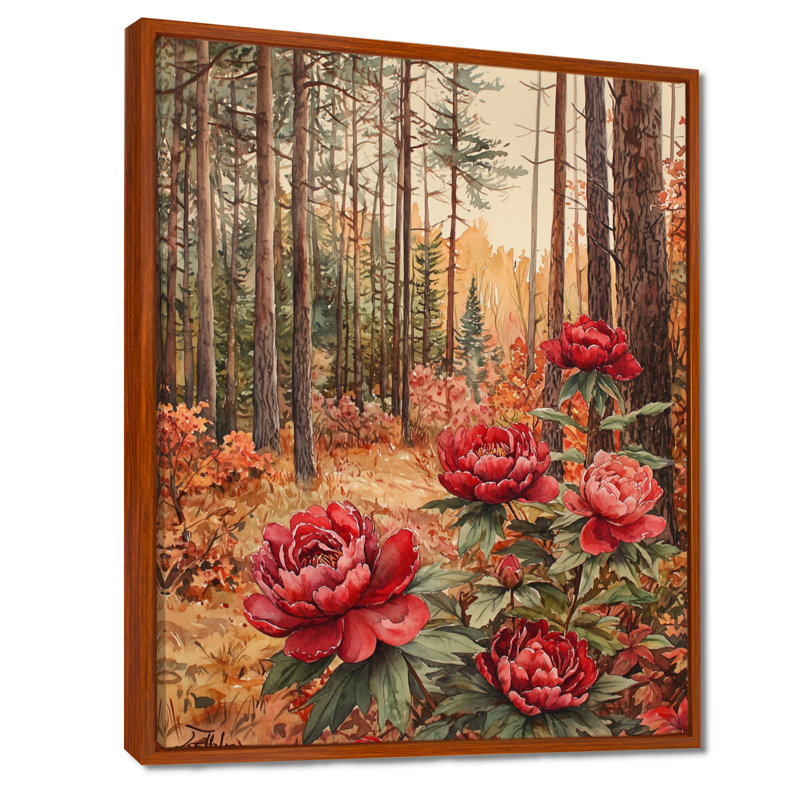 Gladwyn, pivoines parmi les pins d'automne II - pivoines, art mural, H 32 po x l 24 po, Reproduction avec cadre flottant