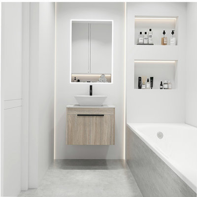 24-Inch Design Floating Bathroom Dressing Table with Ceramic Basin Set, Wall-Mounted White Oak Dressing Table with Door