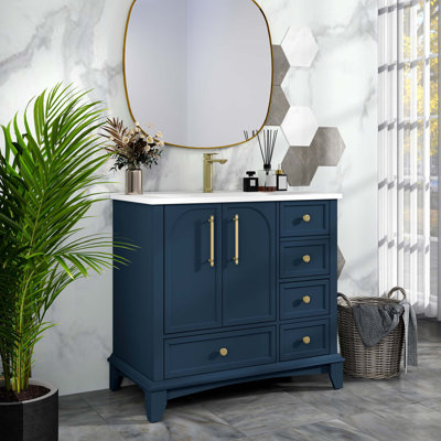 Ensemble de meuble-lavabo moderne 35,6 po avec surface peinte, meuble-lavabo sur pied autoportant de style Mid-Century avec rangement, meuble-lavabo haut de gamme avec tiroirs et poignées en métal