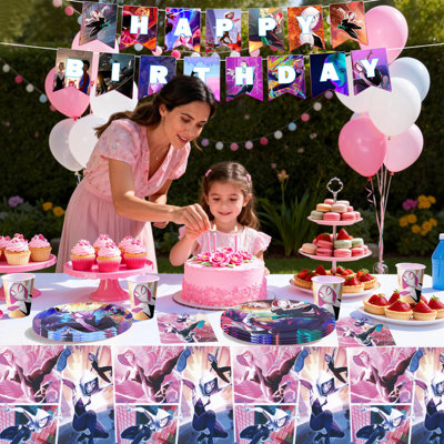 Spider Gwen Birthday Party Decoration Tableware,114Pcs Tablecloth Banners Plates