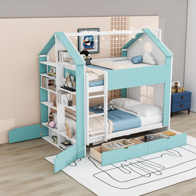 Lit superposé double au-dessus de double avec tablettes, bande lumineuse à DEL intégrée et garde-corps, Bleu blanchi