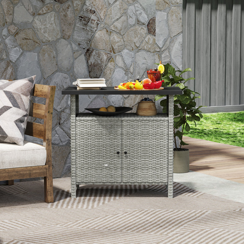 Wicker Outdoor Storage Cabinet With Two Doors And Shelf For Outdoor Pool Towel Storage, Gray, Gray