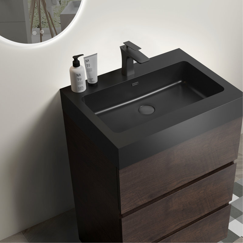 Meuble-lavabo de 24 po en noyer - Grand rangement, noyer silencieux moderne, espace de rangement