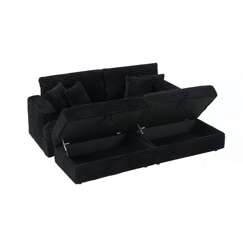 Canapé en velours côtelé 88,58 pouces avec pieds de rangement doubles, Noir