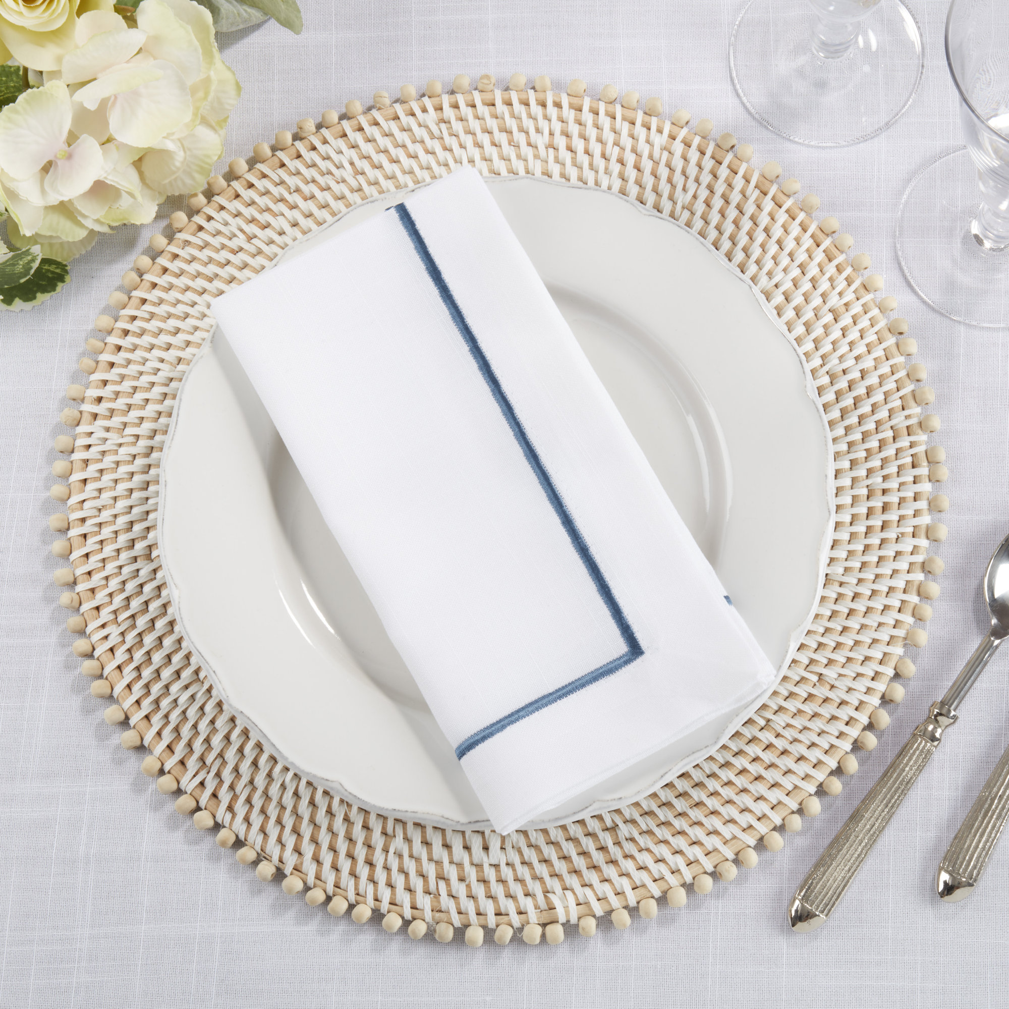 Odelle Embroidered Line Design Dinner 4 Piece Napkin Set, Sapphire