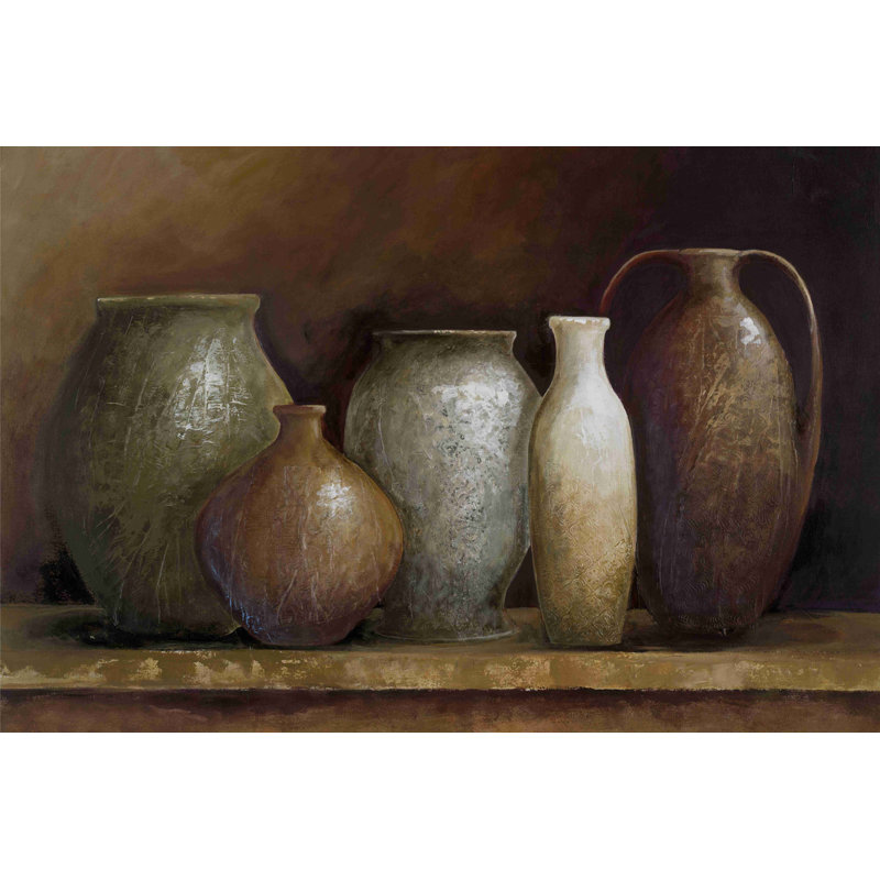 Pots bruns et gris - peinture sur toile tendue, H 24 po x l 36 po