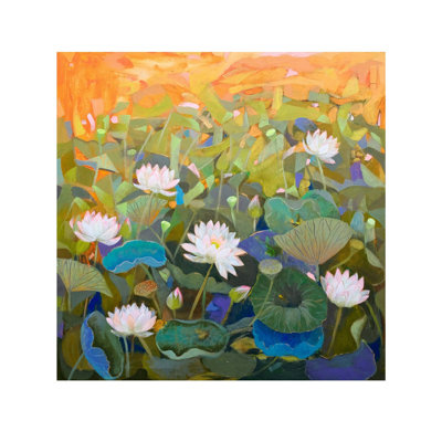 Oil and Acrylic Lotus Flower Pond Painting on Canvas by Sumita Maity - Serene Aquatic Wall Art, Spiritual Zen Decor