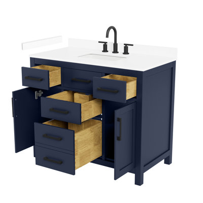 Beckett 42 Inch Single Bathroom Vanity in Dark Blue, White Cultured Marble Countertop, Undermount Square Sink (3-Hole), Matte Black Trim