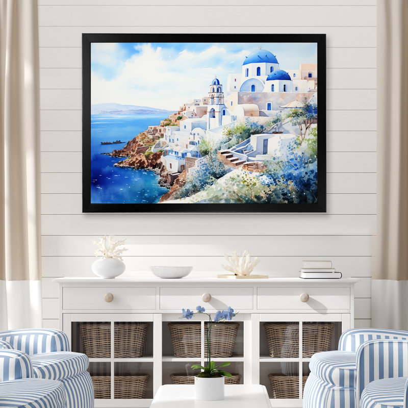 Art mural bleu et blanc Santorini II - Grèce, Cadre d'angle fermé noir, H 30 po x l 40 po x P 1,5 po