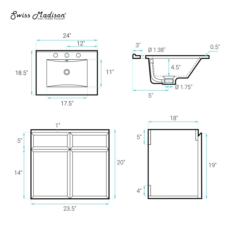 Meuble-lavabo mural 24 po St. Tropez en chêne blanc avec comptoir à 3 trous, Blanc, 8 po