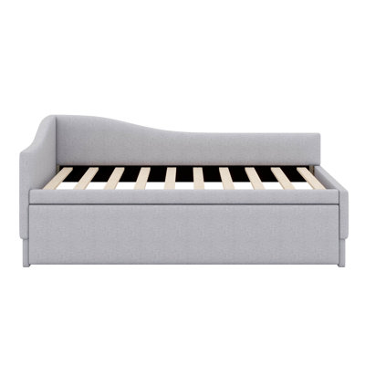 Twin Size Daybed With Pop Up Trundle, Linen Upholstered Day Bed Frame With Wood Slats, Extendable Trundle Bed, Twin To King Design