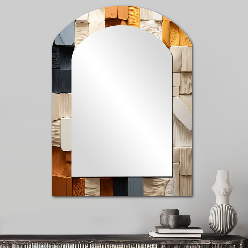 Cubique jaune et gris fibre II - décor de miroir mural asymétrique cubique unique, grand miroir à arche jaune, impression d'art en métal
