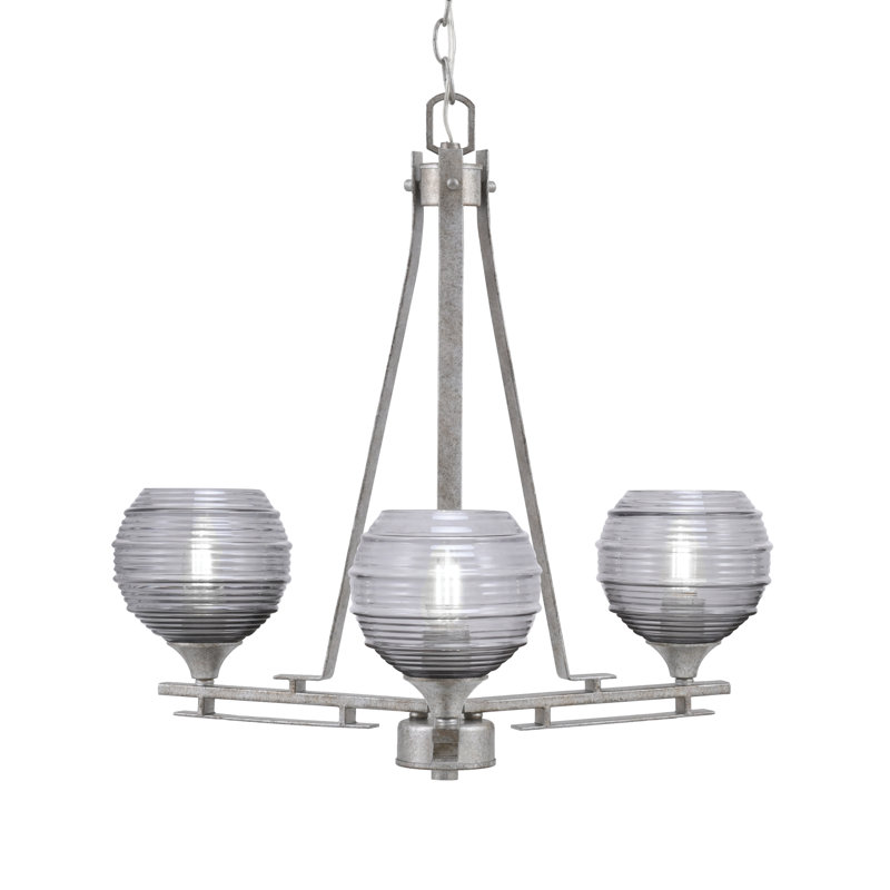 Uptowne 3 Light Uplight Chandelier Shown In Aged Silver Finish With 6" Smoke Ribbed Glass