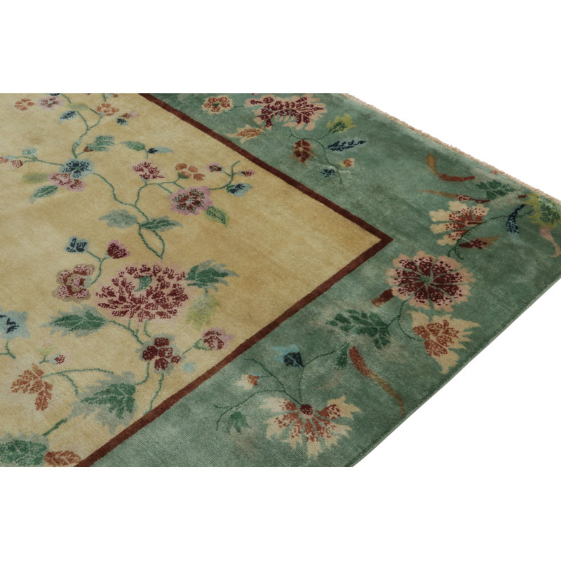 Rug & Kilim’S Chinese Style Art Deco Rug In Gold & Green With Multicolor Florals, Rectangle 10' x 14'