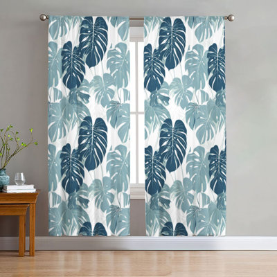 2Pcs Tropical Monstera Leaves Curtains, Elegant Blue Botanical Pattern Room Decor Window Drapes For Living Bedroom Kitchen Rod Pocket, Light Filtering Privacy Treatment