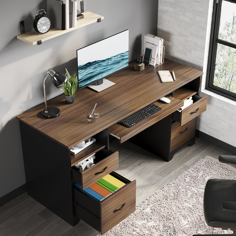 150cm Executive Desk With 2 File&Storage Drawers, Computer Writing Desk With Keyboard Tray For Home Office, Cherry