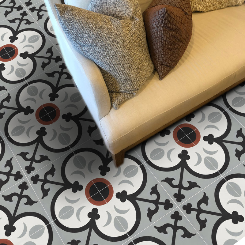 Nador 8" x 8" Cement Patterned Wall & Floor Tile, Black/Gray/Red