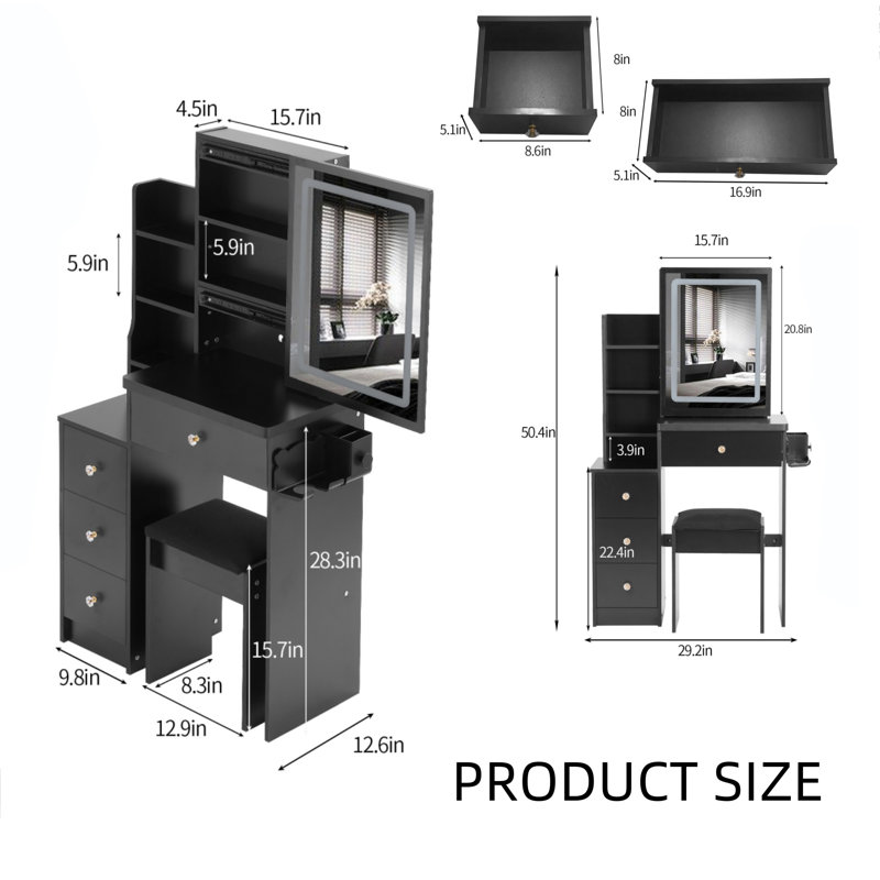 Petite table de chevet gauche de 29,2 po avec 2 blocs d'alimentation AC + 2 USB, porte-séchoir à cheveux, miroir à DEL coulissant surdimensionné