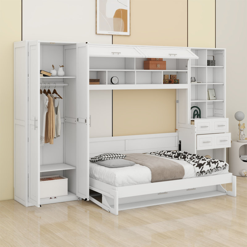 Lit escamotable Murphy avec placard, tiroirs et tablettes, White, Queen