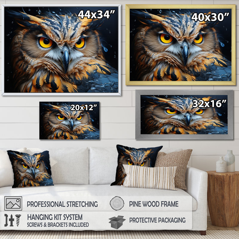 " Yellow Owl Mesmerizing State III ", Black Floater Framed, 12" H x 20" W x 1" D