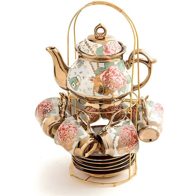 Vintage Gold Plated Rose Ceramic Tea Set With Teapot And Serving Pieces For 6, British Royal Style Porcelain Coffee Set With Elegant Floral Design
