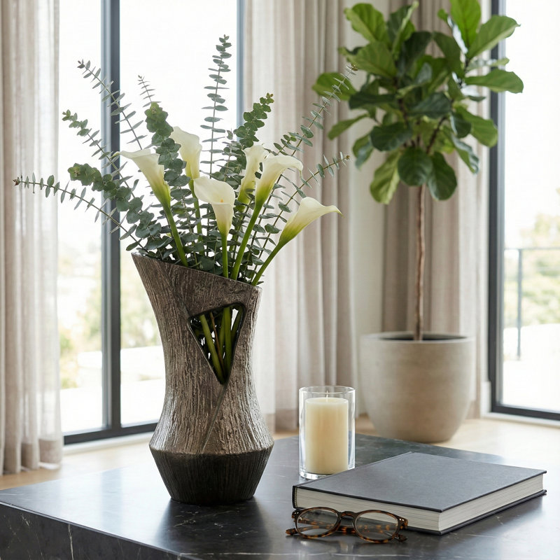 Modern Sculptural Metal Cutout Form Table Vase for Home Display - Tall Flower Vase Accent for Living Room and Tabletop Decor - Bronze