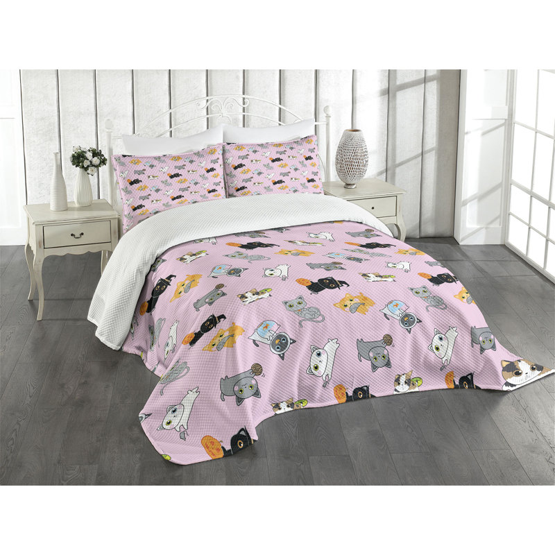 Ambesonne Cat Bedspread Set Colorful Kittens Multicolor, King Bedspread + 2 Pillow Shams