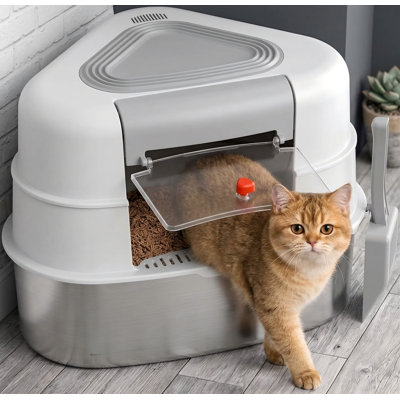 Litière d'angle pour chat en acier inoxydable XXL avec couvercle, robuste, sans odeur, peu encombrante