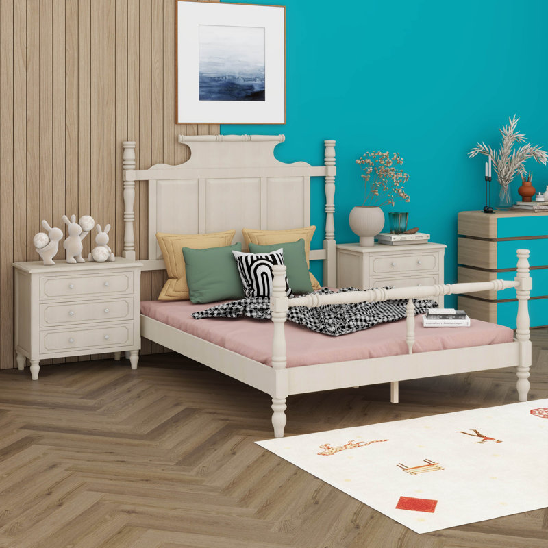 Ensemble de chambre à coucher 3 pièces, lit plateforme à baldaquin avec 2 tables de chevet à trois tiroirs, ensemble de chambre à coucher en bois de style rétro