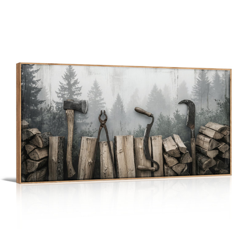 Ensemble de 1 tableau sur toile représentant des outils en bois, L 40 po x H 20 po, Naturel