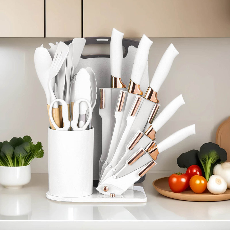 Ensemble de 19 ustensiles et couteaux de cuisine en silicone 19 pièces - Outils de cuisson résistants à la chaleur, Blanc