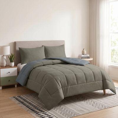 3-Piece Woven Solid Reversible Comforter Set, All-Season Bedding, Double / Queen Size, Thyme Green