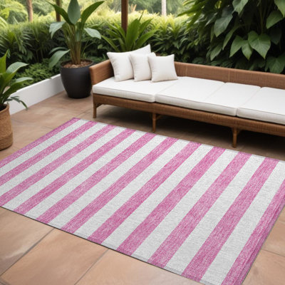 Tapis extérieur lavable antidérapant à rayures roses et blanches 9 pi x 12 pi