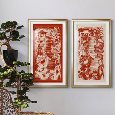 Chinese Bird's-eye View In Red I - 2 Piece Single Picture Frame Painting Set