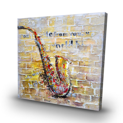 Saxophone on brick wall - 32"x32" art on canvas