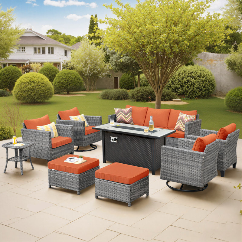 9 - Person Outdoor Wicker Patio Conversation Furniture Set With Fire Pit Table, Orange Red