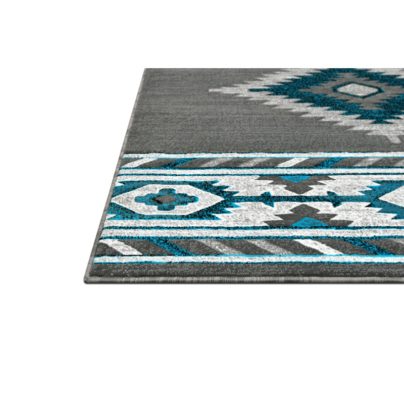 Tapis gris HR Turquoise et multi Southwestern pour chalet Tribal Medallion, Rectangle 5 pi x 7 pi