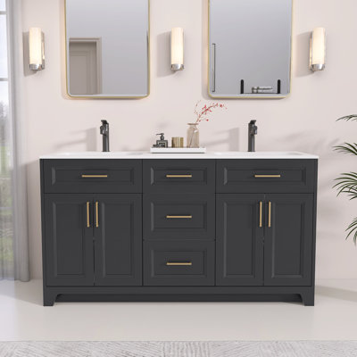 Liskeard Solid Wood 60'' Double Bathroom Vanity with Solid Surface Sink Top